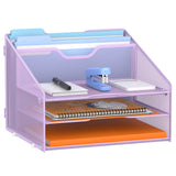 GAWERK Letter Tray Organizer, Mesh Desk File Organizer with 3 Paper Trays and 2 Vertical Upright Section (Purple)