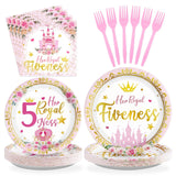 Grencian 96Pcs Princess Birthday Decorations Pink Princess 5th Birthday Party Plates and Napkins Disposable Her Royal Fiveness P