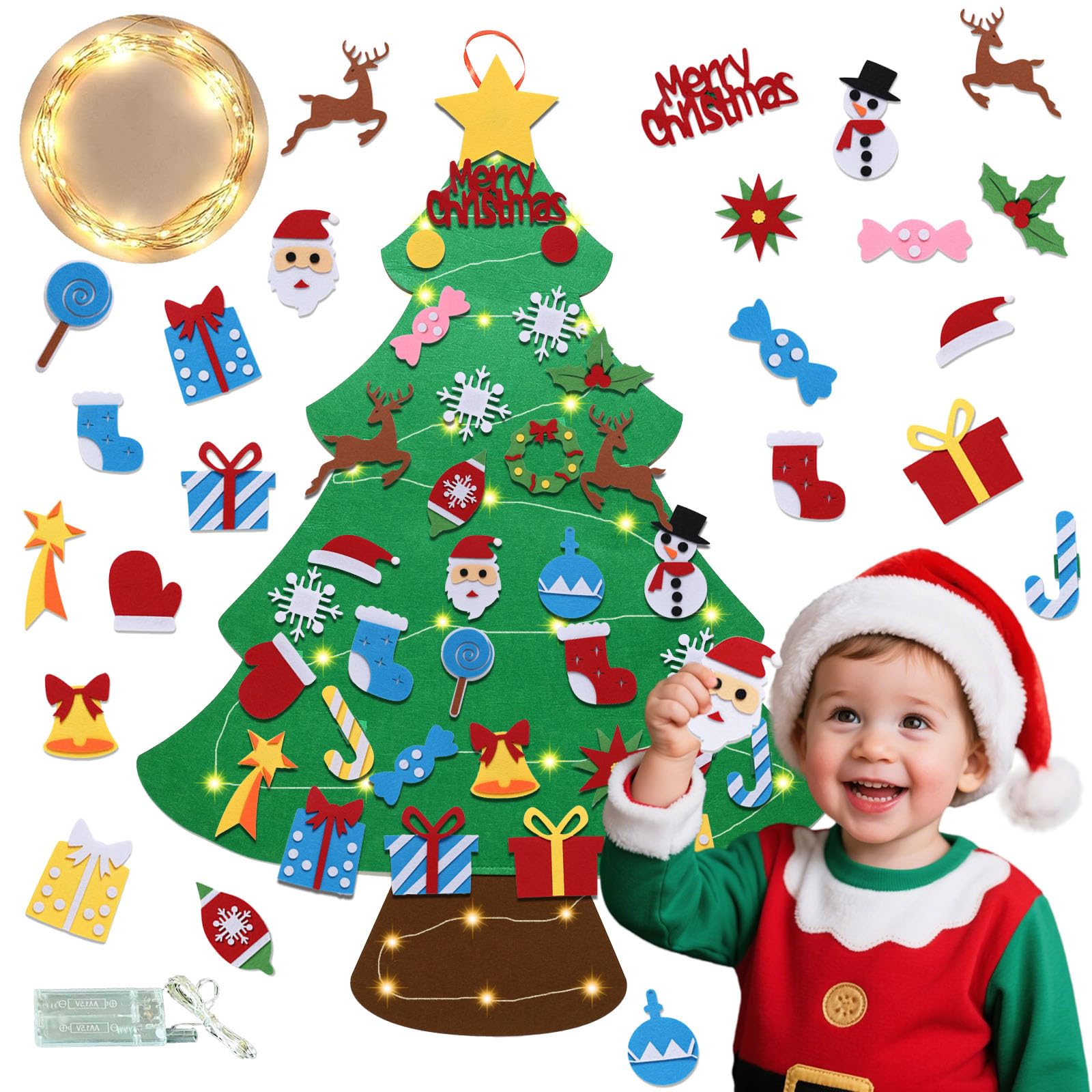 DIY Felt Christmas Tree Set with Ornaments for Kids, Wall Hanging Velcro Tree for Christmas Decorations with 34 Detachable Ornam