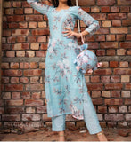 Anni Designer Women'S Cotton Blend Printed Straight Kurta With Pant & Dupatta (Itta St Blue_Xl_Blue_X Large),Blue,XL,Cotton Blend,Straight,Pants, Dupatta