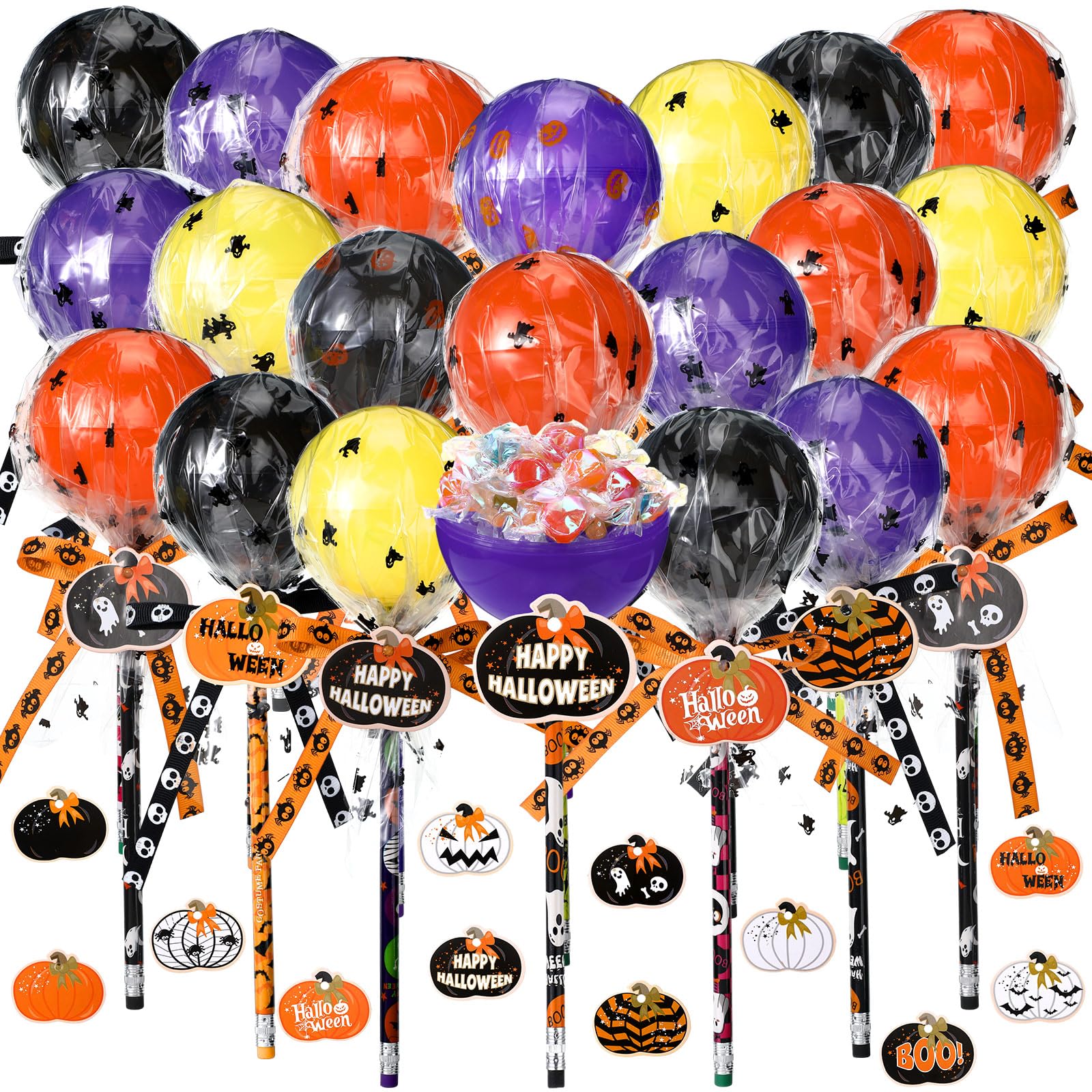Simgoing 96 Pcs Halloween Party Favors Gift Trick or Treat Container Halloween Pencil Empty Giant Lollipop Stationery Candy Fill