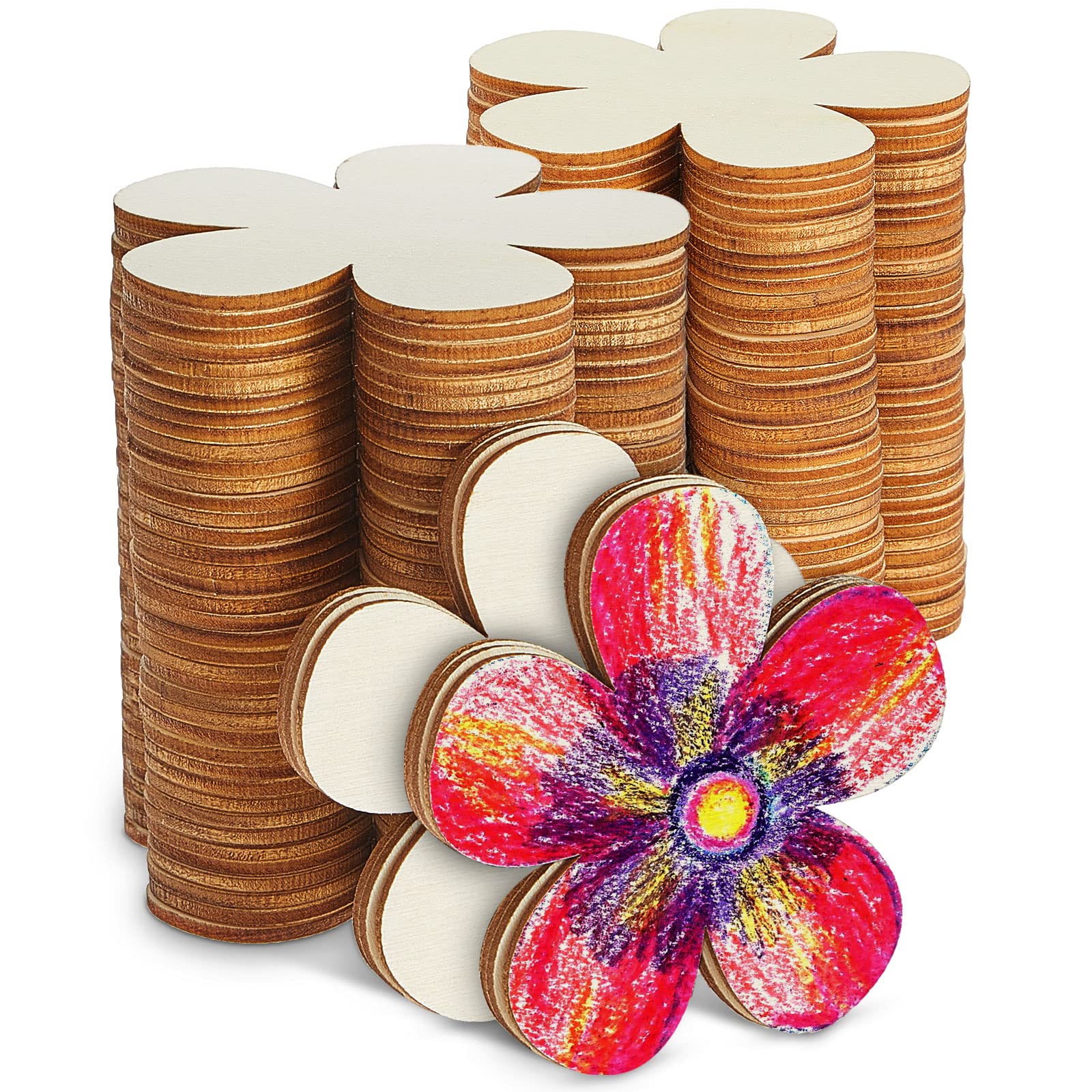 Blulu 3 Inch Unfinished Wooden Flower Cutouts Wooden Discs Crafts Blank Flower Shape Ornaments Embellishments Slices for DIY Pro