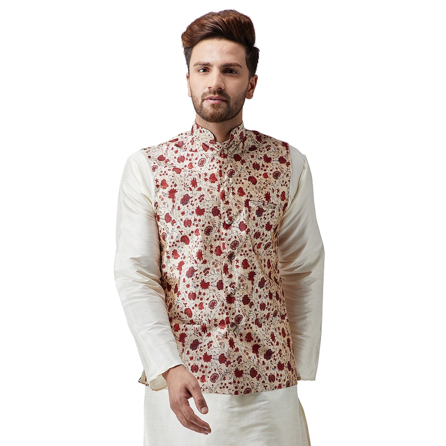 Sojanya (Since 1958, Men'S Silk Blend Red Printed Only Nehru Jacket, Size: M
