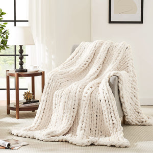 L'AGRATY Chunky Knit Blanket Throw,Soft Chenille Yarn Throw 50x60,Handmade Thick Cable Knit Crochet Blanket, Large Rope Knot Thr