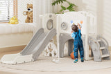 67i Toddler Playground Playset for 1-3 Year Olds with Golf, Drawing Board, Slide, Basketball Hoop & Storage (White Gray)