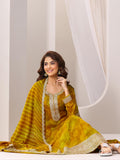 Mustard Floral Printed Anarkali Kurta With Embellishment & Printed Trouser With Leheriya Dupatta Mustard Xl