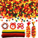 UPINS 1500Pcs Fall Pony Beads,Autumn Pony Beads with 150Pcs Chenille Stems Pipe Cleaners for DIY Craft Thanksgiving Party Decora