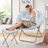 BRIGHTORIA Foldable Oversized Moon Chair with Footrest, Large Faux Fur Round Saucer Moon Chair with Folding Footrest Stool for T
