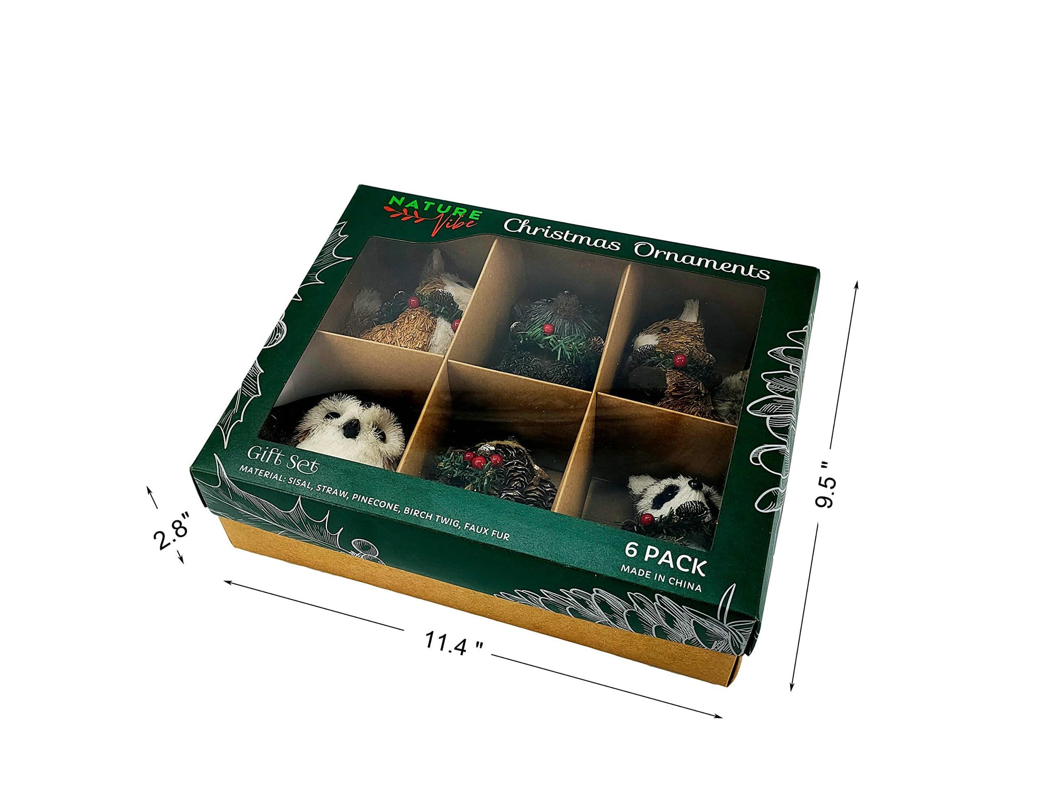 Nature Vibe Sisal Woodland Animals Christmas Tree Ornaments,Set of 6 Natural Forest Friends with Gift Boxes for Presents,Ornamen