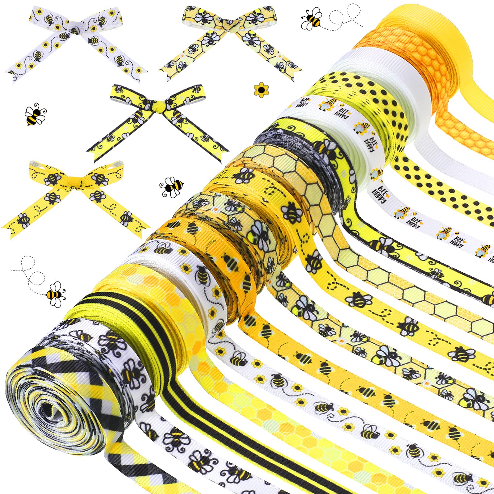 Jutom 15 Rolls 60 Yards Spring Bee Ribbons Honey Bee Flowers Yellow Gnome Grosgrain Stripes Dots Bow Wreath Ornaments Summer Dec
