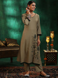 Libas Womens Embroidered Cotton Straight Kurta With Trousers And Dupatta Taupe Xl