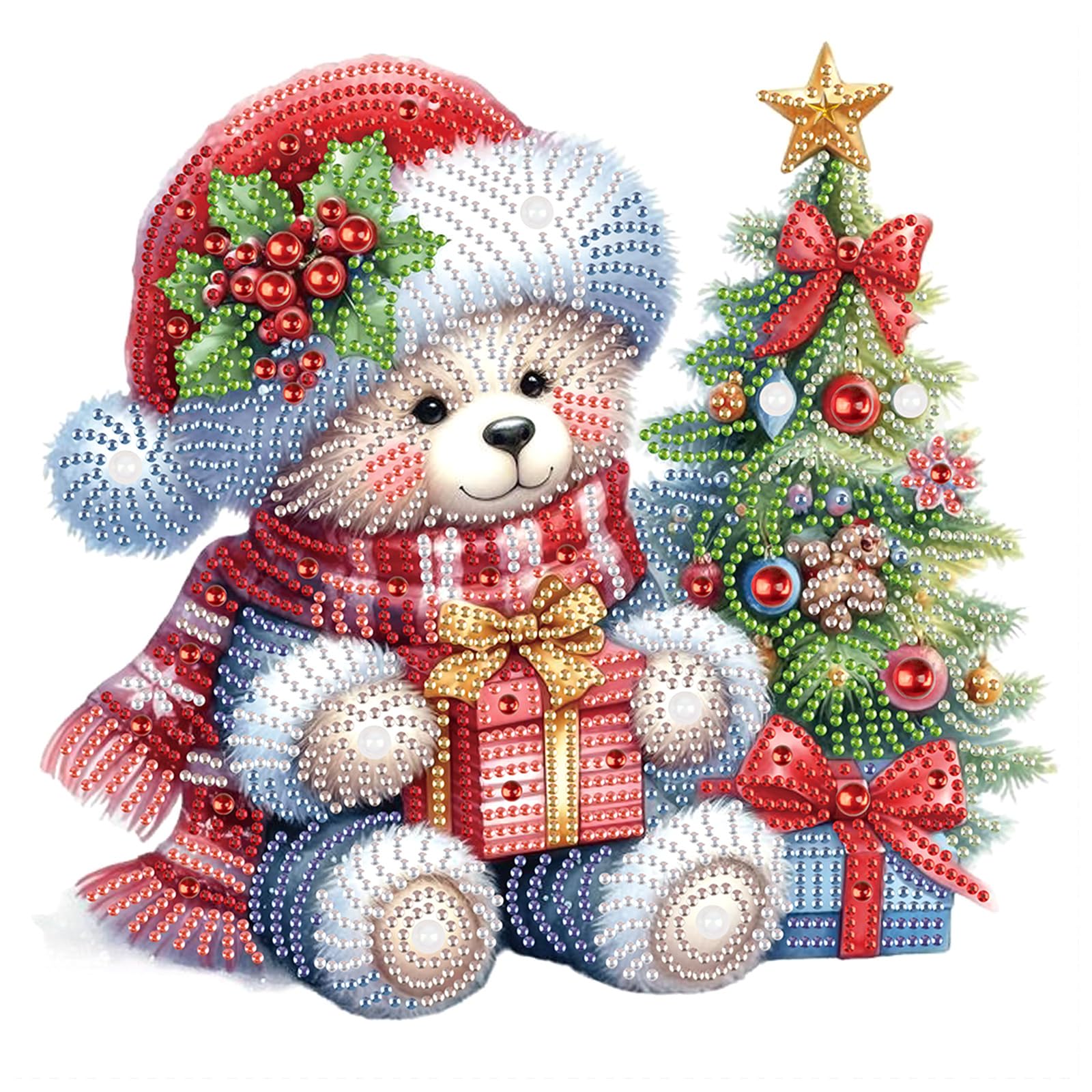 Christmas Diamond Art Painting Kit, 5D DIY Bear Christmas Tree, Special Shape Crystal Diamond Partial Diamond Art Mosaic Handicr