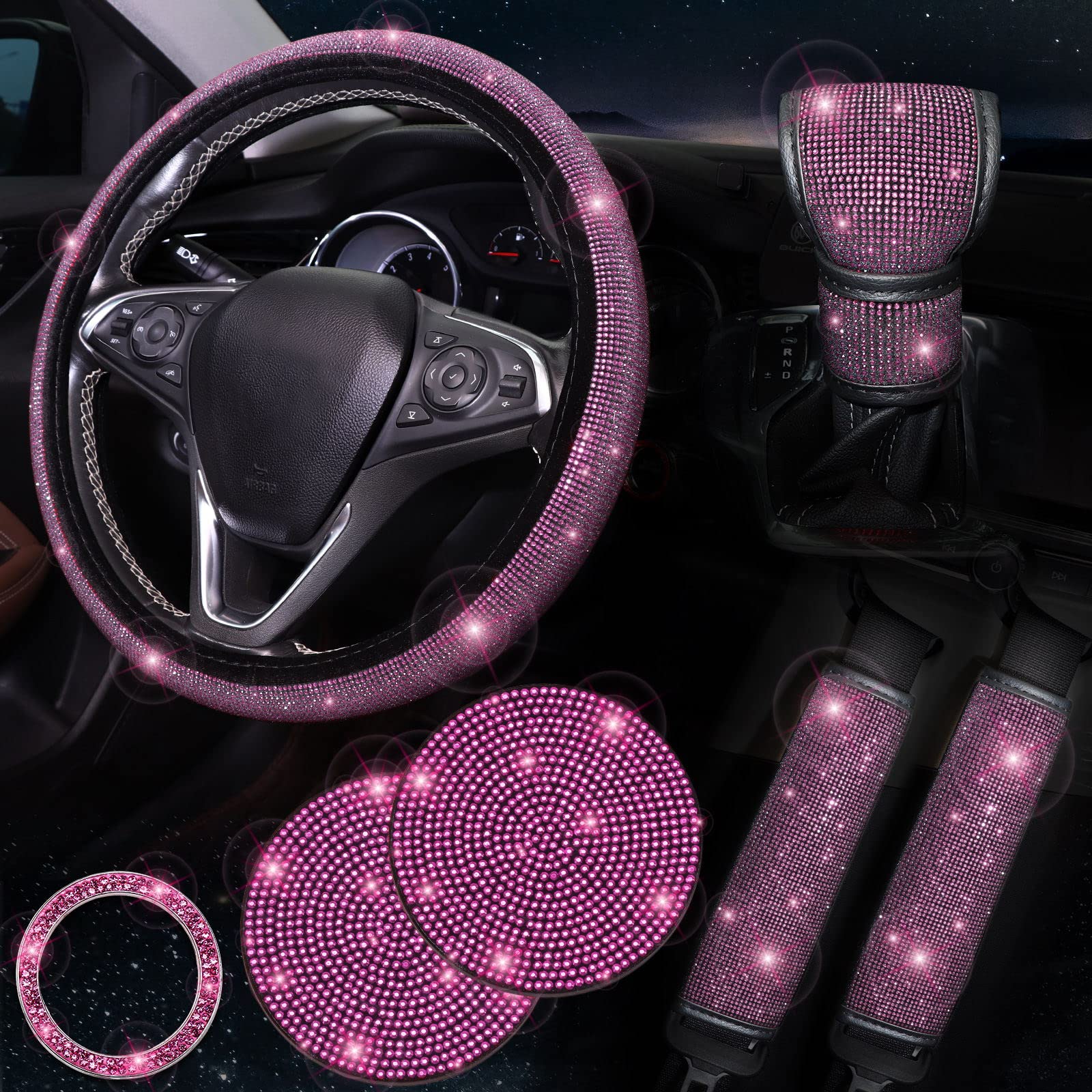 Tobequeen Bling Pink Steering Wheel Cover Set Bling Car Accessories Set,Steering Wheel Cover Fit 15Inch, Sparkling Shoulder Pad,