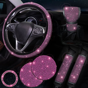 Tobequeen Bling Pink Steering Wheel Cover Set Bling Car Accessories Set,Steering Wheel Cover Fit 15Inch, Sparkling Shoulder Pad,