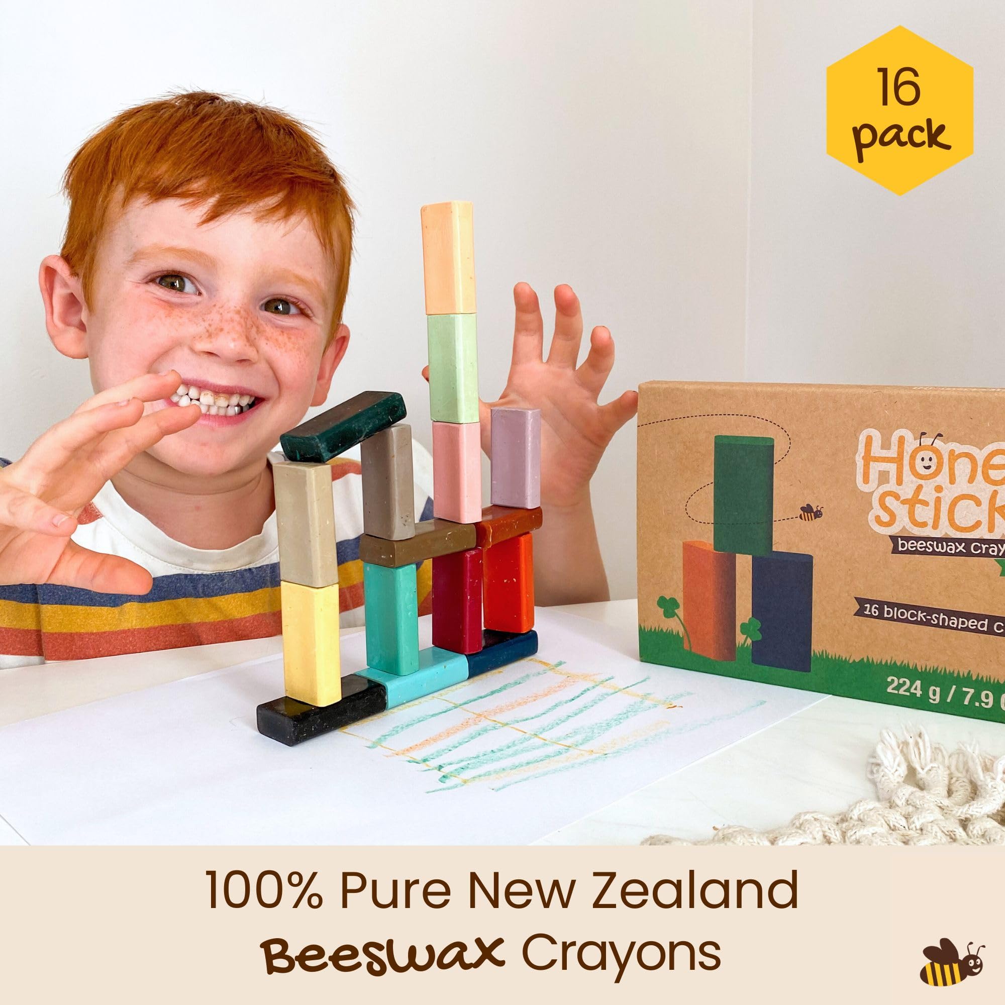 Honeysticks Block Crayons (16 Pack), Non Toxic Crayons for Kids, Toddlers, Made from Pure Beeswax and Food-Grade Colors, Long La