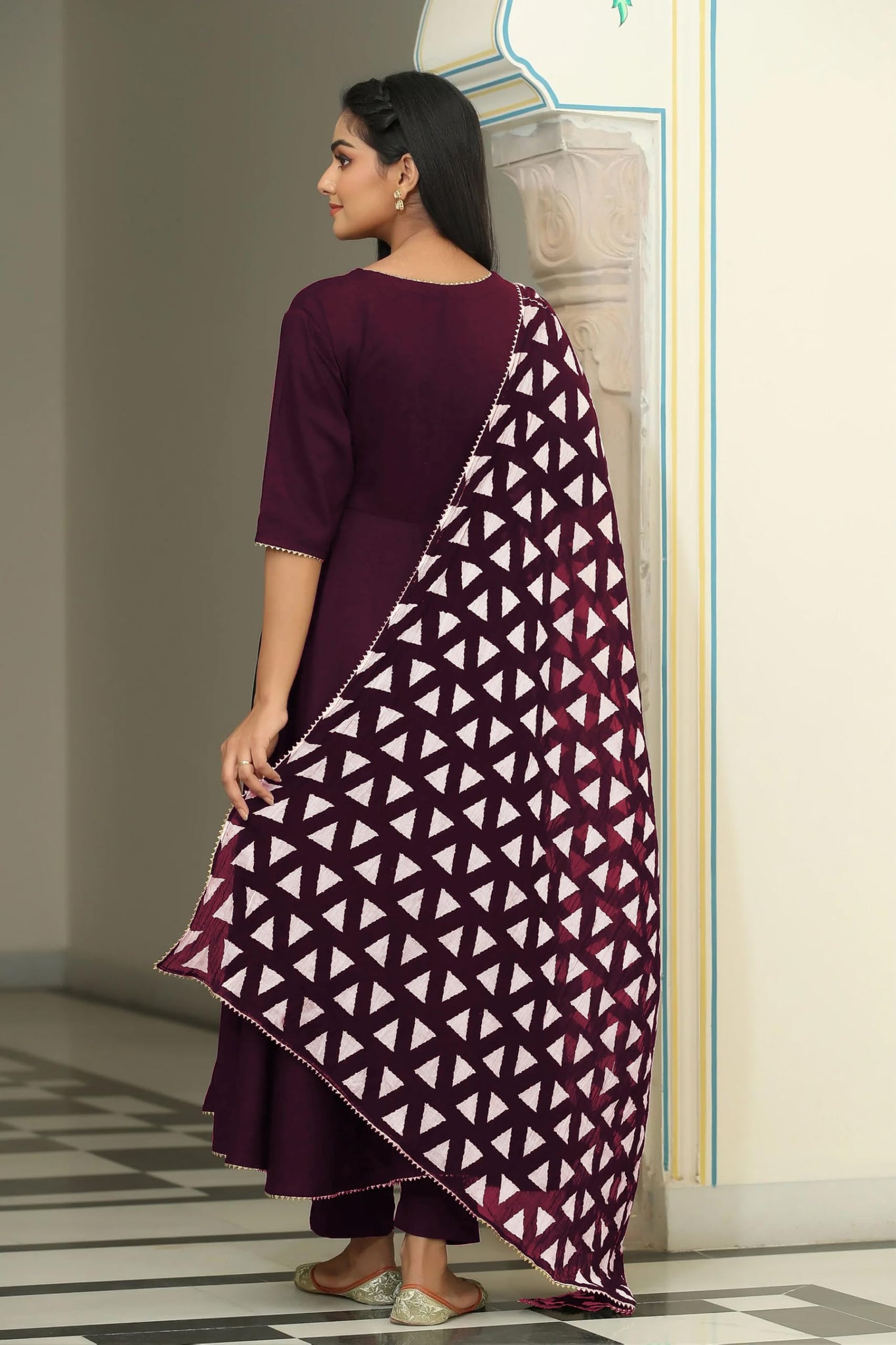Gosriki Women'S Rayon Blend Anarkali Solid Kurta With Pant & Dupatta (Mita Wine-Gs_S_Wine_Small),Wine,,B0DFXZVD7S