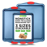 NutriChef Nonstick 3-Piece Baking Pans Set - Carbon Steel Bakeware with Blue Coating Inside & Outside and Red Silicone Handles, 