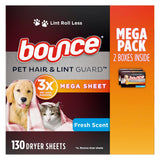 Bounce Pet Hair and Lint Guard Mega Dryer Sheets with 3X Pet Hair Fighters, Fresh Scent, 130 Count (Packaging May Vary)