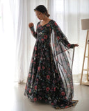 Women Floral Print Anarkali Kurta With Pant And Dupatta (Medium Black),Black,M,Georgette,Anarkali,Kurta, Scarf