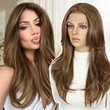 BABEHERS Brown Synthetic Lace Front Wig, 13x4 Straight Highlight Layered Wigs for Women Pre-plucked Natural Hairline Heat Resist