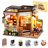 OurMiao Miniature House Kit Julia Bakery, DIY Dollhouse Kit for Adults with Furniture & LED, Tiny House Kit Wooden Craft Gift fo
