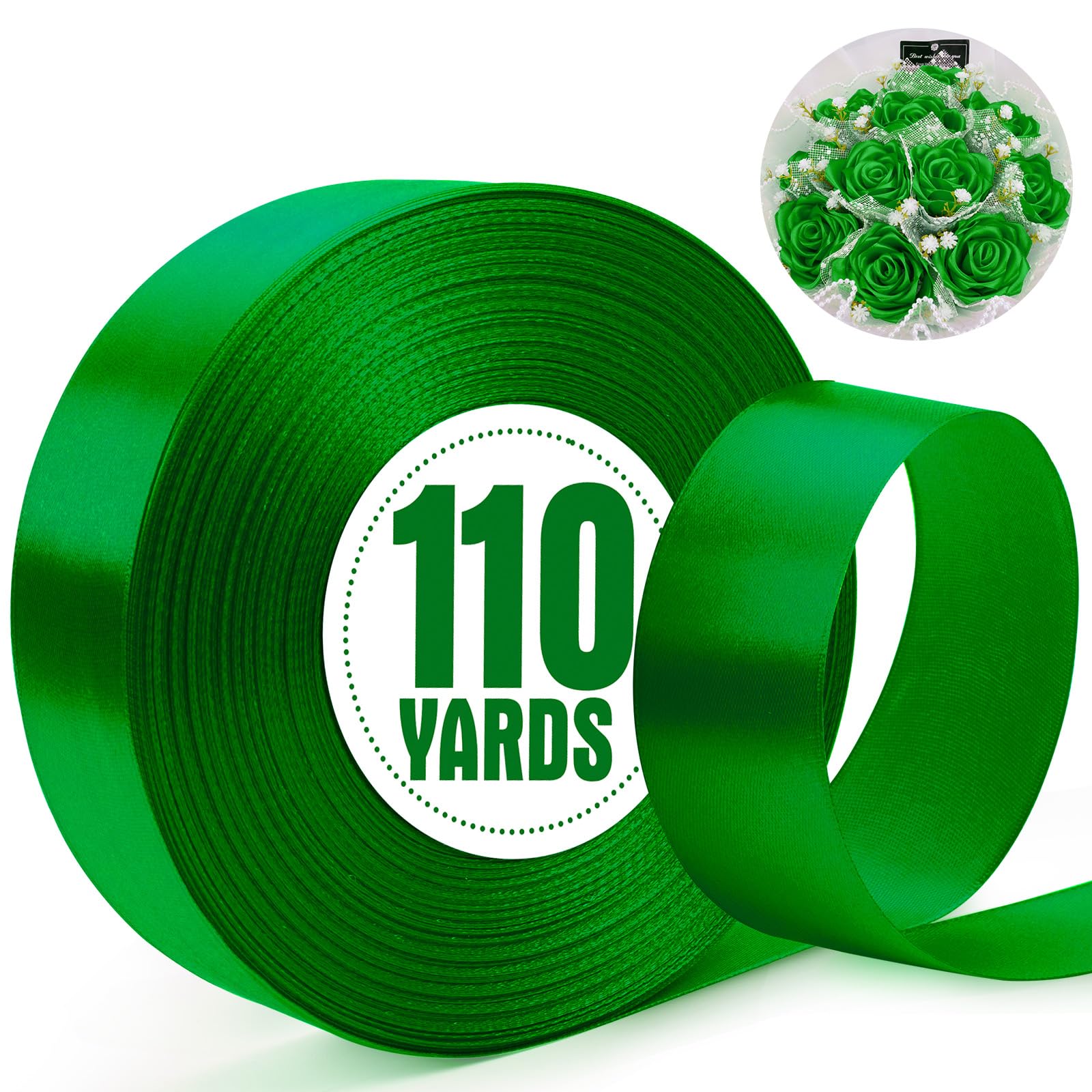 XSEINO 110 Yards Ribbon,1 1/2 Inch Dark Green Satin Ribbon for Flower Bouquet, Gift Wrapping, Ribbons for Crafts, Hair Bows Maki