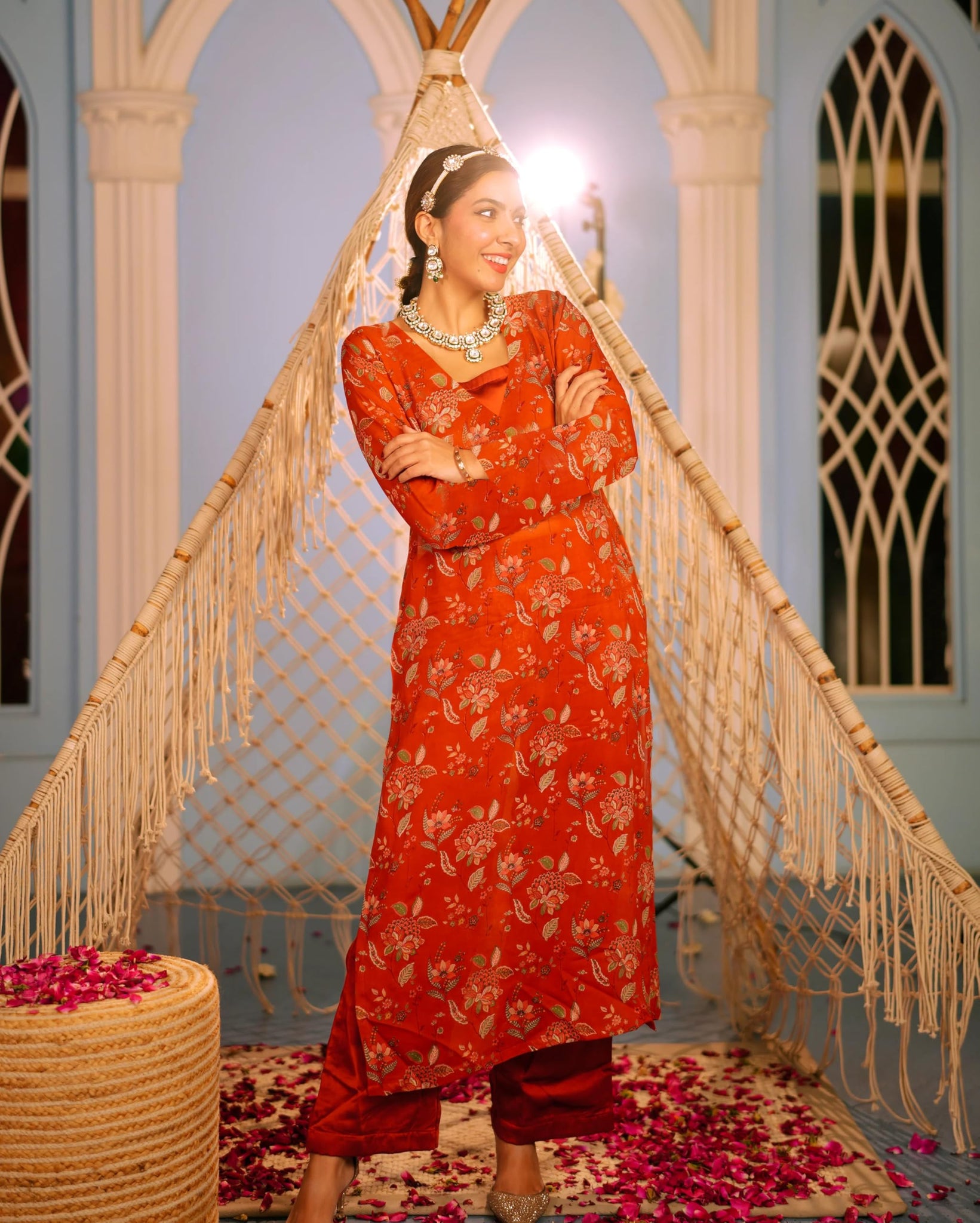 Anni Designer Women'S Rayon Viscose Straight Printed Kurta With Palazzo (Jhol Orange_Xl_Orange_X-Large),Orange,XL,Rayon Viscose,Regular,