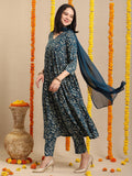 Gosriki Women'S Rayon Blend Anarkali Printed Kurta With Pant & Dupatta (Dabu Kerosin-Vks06-Gs_M_Dark Blue_Medium),Dark Blue,,B0DK9PVFD5