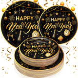 Sieral 100 Pcs New Year Party Paper Plates New Year Eve Party Disposable Plates 9 7 Happy Round Dinnerware Dessert Tray Supplies