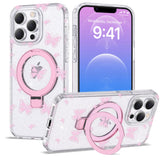 ETPESOK Compatible with iPhone 12 Pro Max Case Clear Pink Butterfly Pattern Design with Magnetic Ring Stand [Compatible with Mag