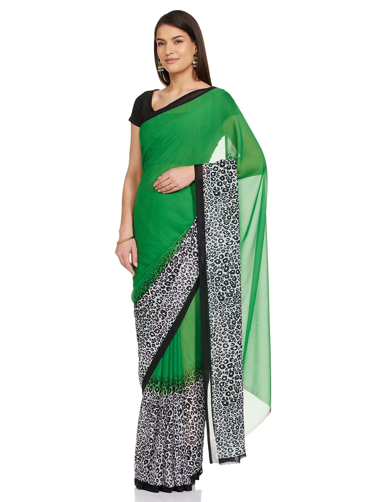 Gosriki Women'S Georgette Floral Printed Saree With Blouse Piece (Tiger Green_Green),Green,,B096FJCRFB