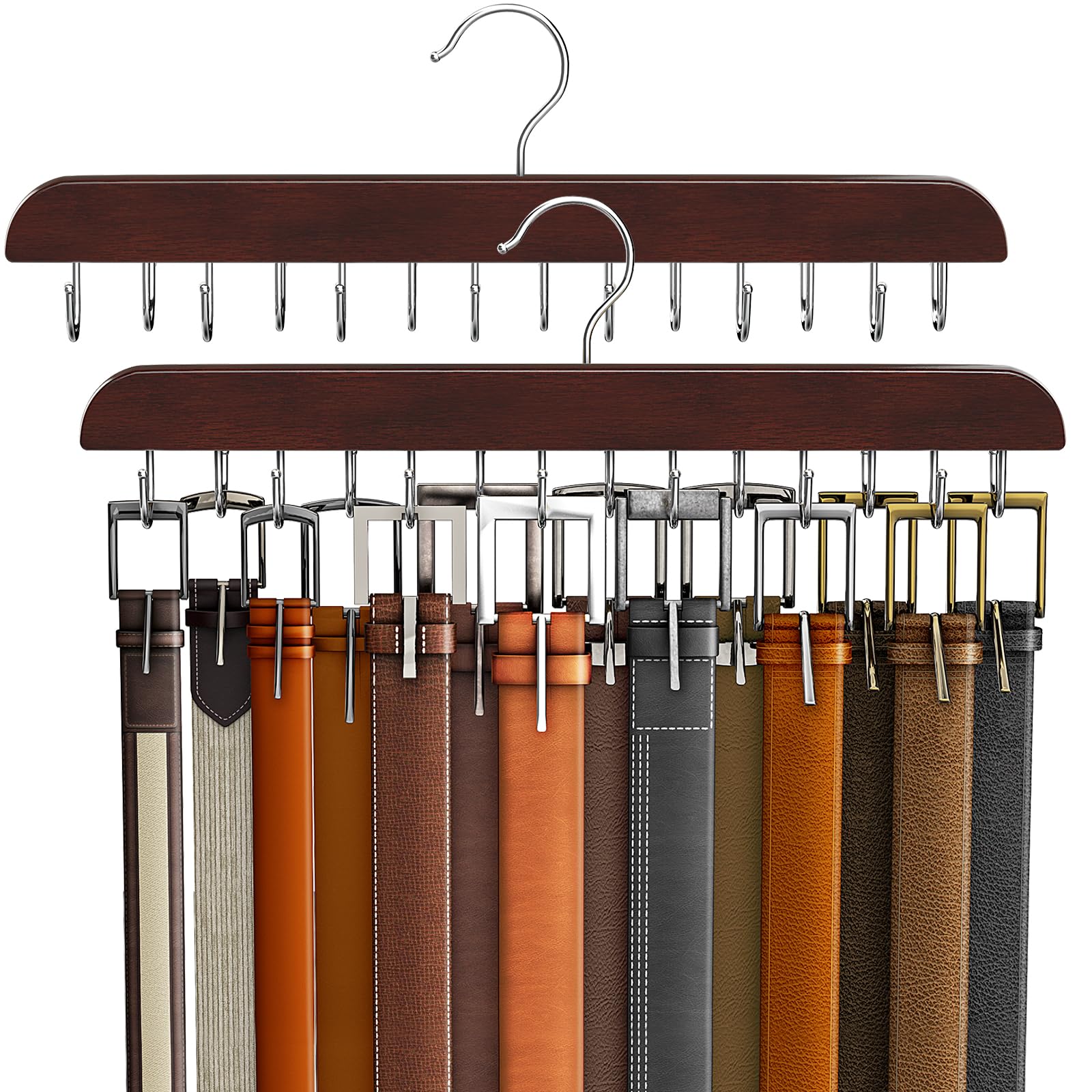 Resovo Belt Hanger for Closet Max 42 Belts, Belt Organizer Closet Accessories with 14 Hooks Belt Rack Sturdy Wood for Closet Org