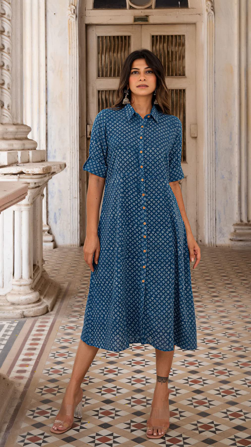 Gosriki Women'S Rayon Printed Hand Block Shirt Dress (Genius-Blue-Dress_M-Gs_Blue_Medium),Blue,,B0BRL417D6