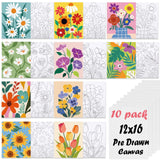 Nuberlic 12X16 Pre Drawn Canvas to Paint Floral 10 Pcs DIY Floral Pre Sketched Outlined Painting Kit to Ladies Party Art Supplie