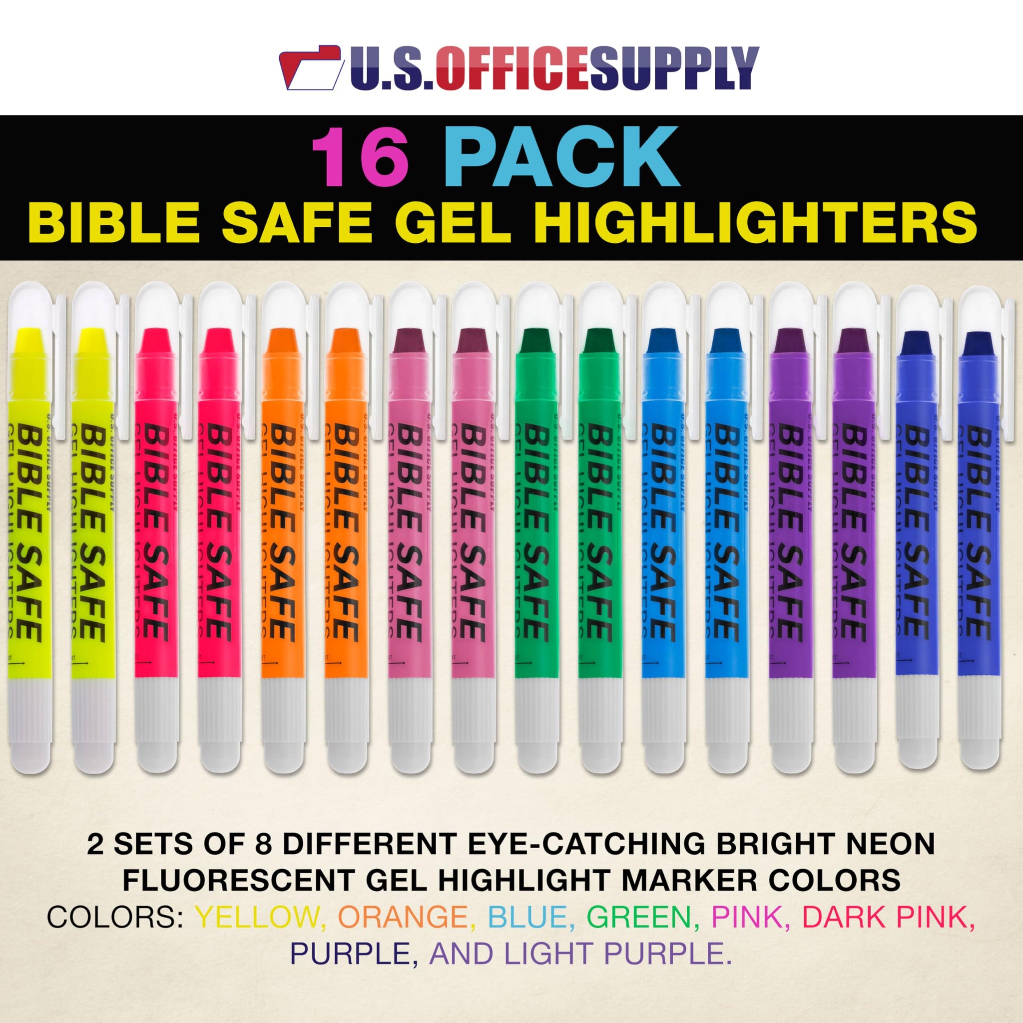 U.S. Office Supply Bible Safe Gel Highlighters, Pack of 16-2 Sets of 8 Bright Neon Fluorescent Highlight Colors Yellow, Orange,