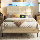 LINSY Wood Bed Frame, Full Bed Frame with Headboard LED, Wooden Platform Frames with Charging Station, No Box Spring Needed, Eas
