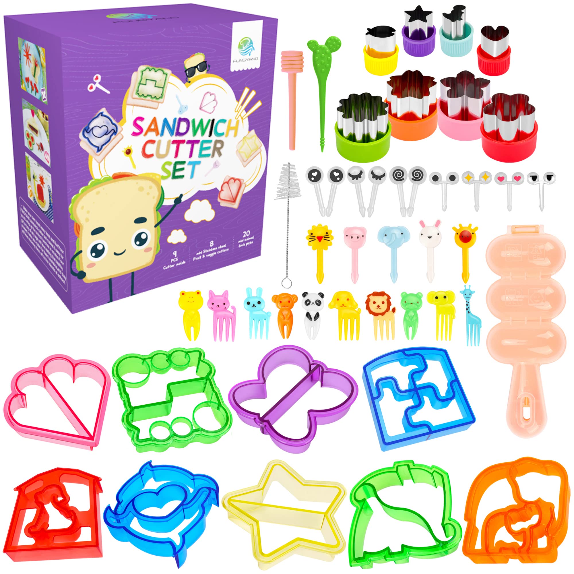FUNGYAND Sandwich Bread Cutter Set, 45 in 1 Bento Lunch Box Accessories Kit Includes Fruit Cutter, Animal Food Picks, Rice Ball 