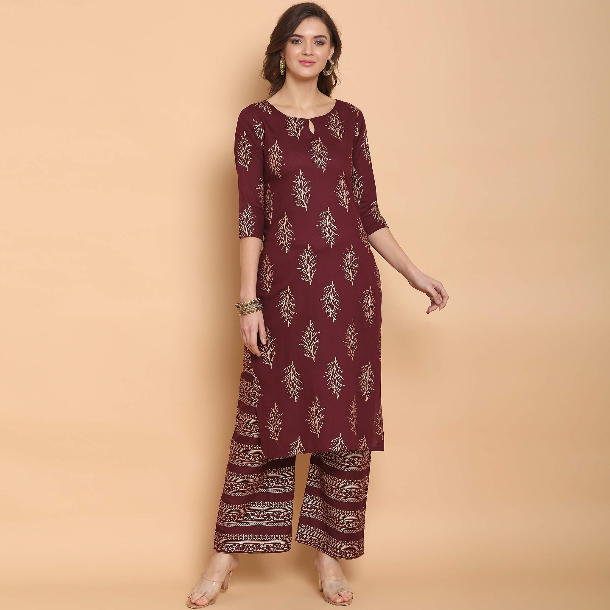 Anni Designer Women'S Rayon Straight Kurta With Palazzo Brown,Brown,L,Rayon,Straight,kurta