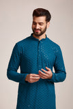 Manyavar Blue Viscose Full Sleeve Kurta Set | Traditional Kurta Set For Men (L)