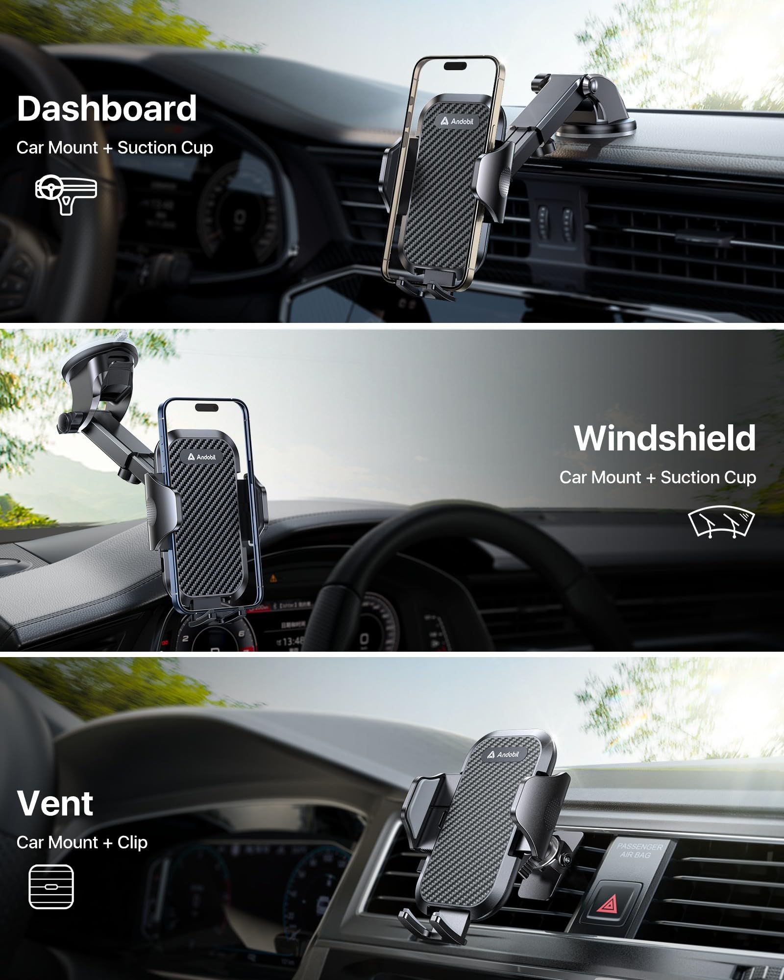 andobil Car Phone Holder (Bumpy Roads Friendly) Military-Grade Cell Phone Car Mount Ultimate Phone Holders for Your Car Dashboar