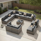 XTWEEX 14-Piece Outdoor Rattan Sectional Sofa Set, Wicker Patio Furniture with Coffee Table, Grey Cushions, Patio Conversation S