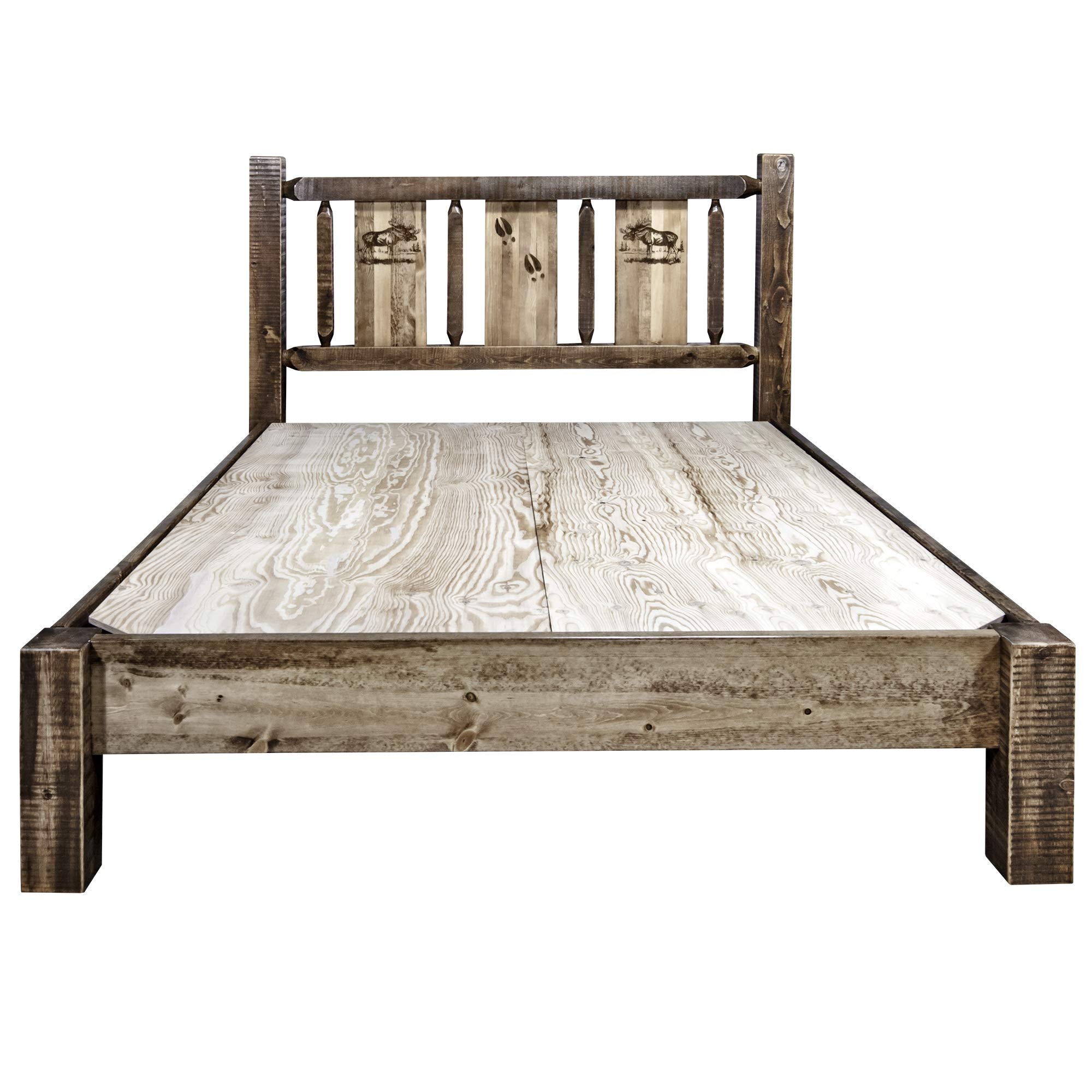 Montana Woodworks Homestead Collection Queen Platform Bed With Laser Engraved Moose Design, Stain & Clear Lacquer Finish