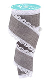 RG Ribbon Grey Canvas with White Scalloped Edges, Wired, 2.5 Inch x 10 Yards - for Bows, Wreaths, Crafts, and Decorations