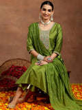 Libas Gerua Womens Yoke Design Silk Blend Straight Kurta With Trousers And Dupatta Green M Gs911