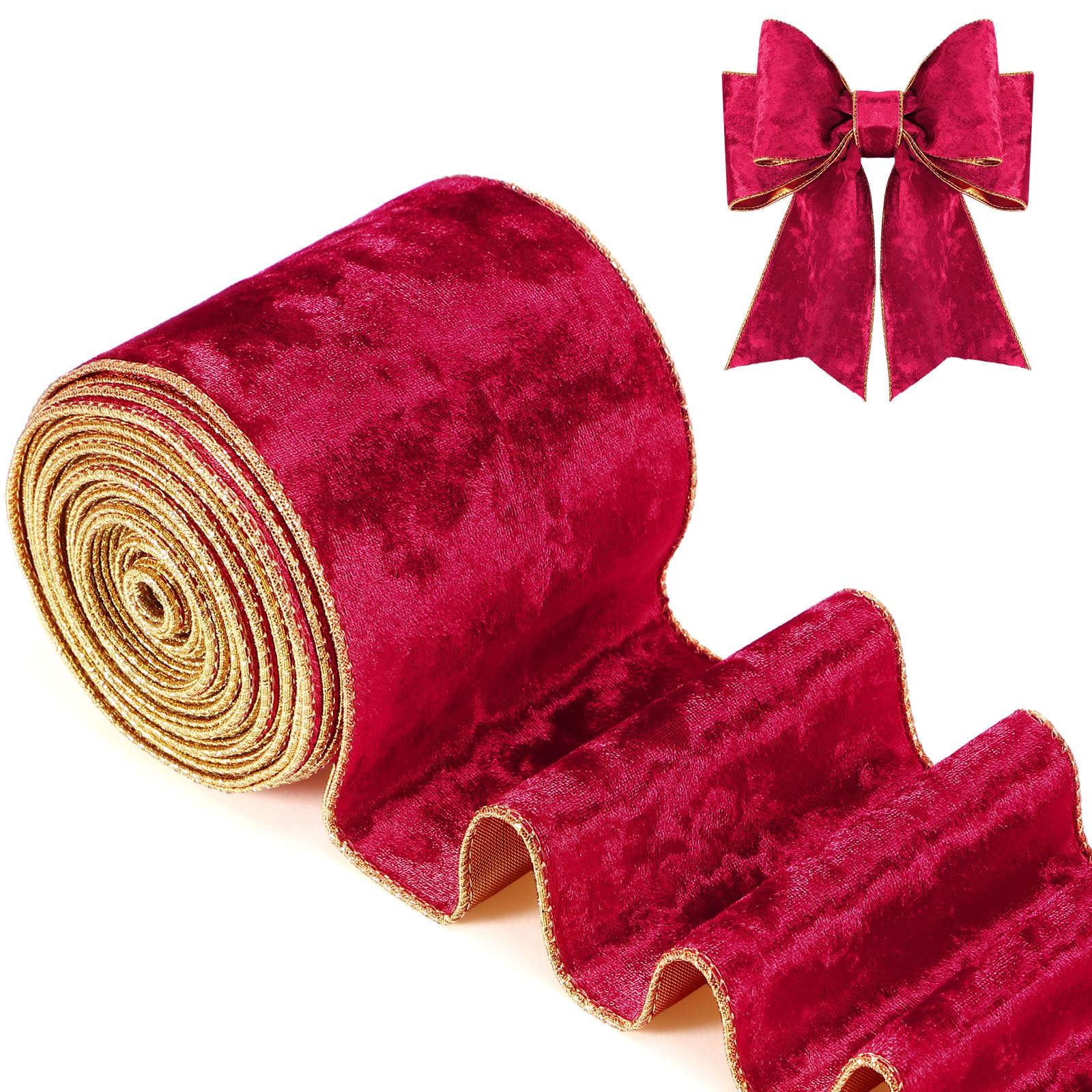 Riceshoot Christmas 4 Inch Velvet Ribbon 10 Yards Red Wide Wired Velvet Ribbon with Gold Edge for Wrapping Bow Gift Box DIY