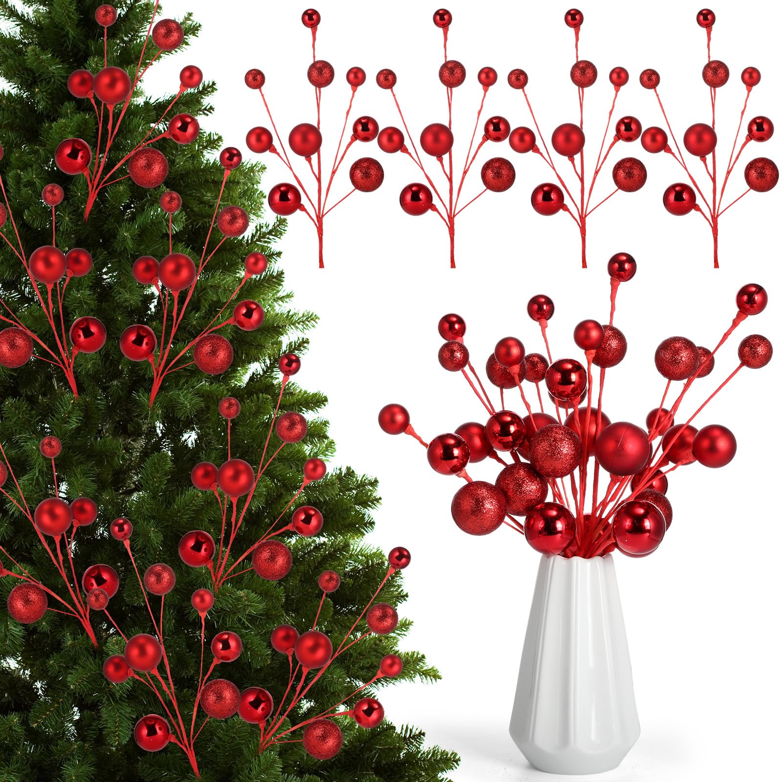 Suncalla 4 Pcs 15 Inch Red Christmas Tree Picks Xmas Glitter Ball Christmas Tree Decorations Artificial Stems for Xmas Topper Or