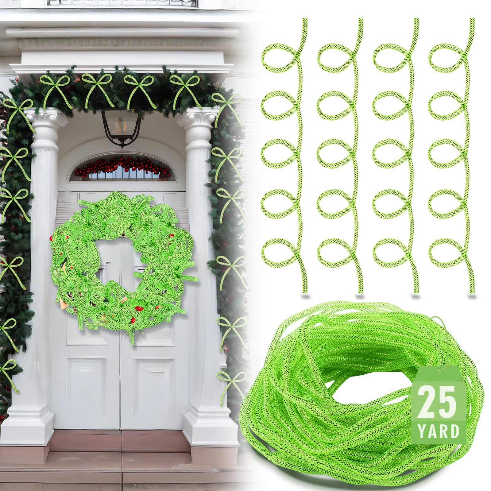 Arrowbash 25 Yards Christmas Mesh Tubing for Crafts Lime Green Deco Mesh Tubing for Wreath 8 mm Metallic Foil Poly Tube Flexible