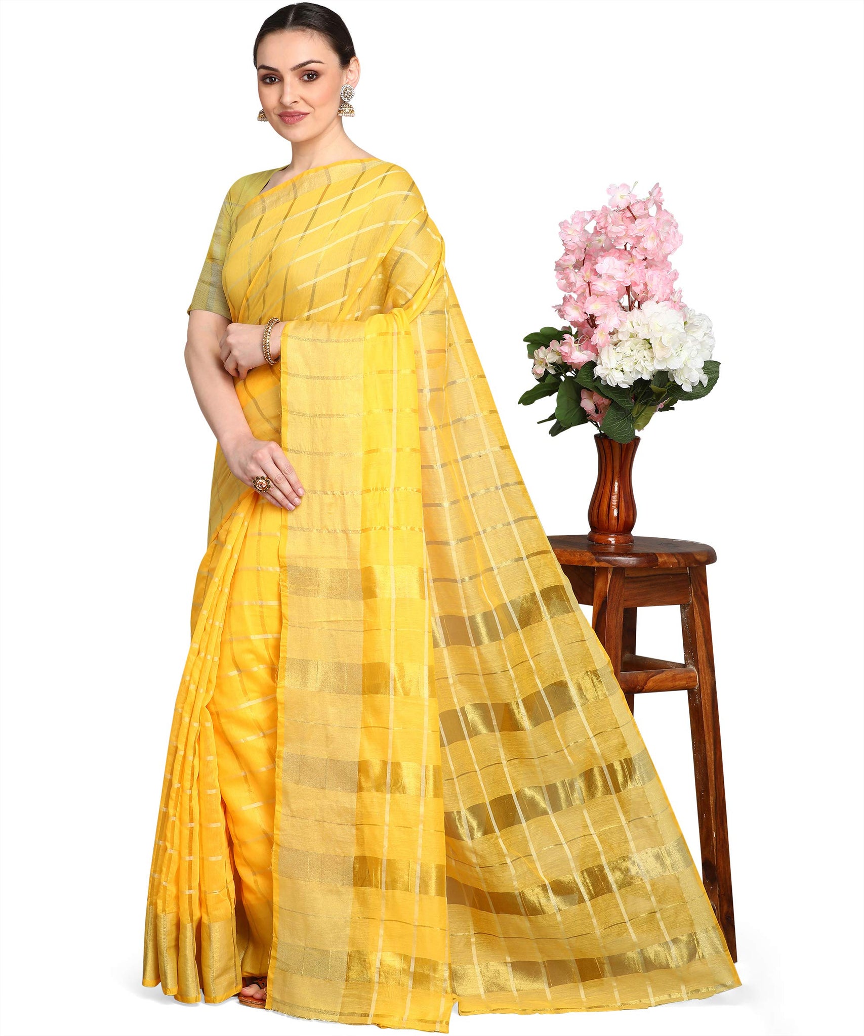 Gosriki Women'S Cotton Striped Printed Saree With Blouse Piece (Yellow),Yellow,,B08XW32HB8