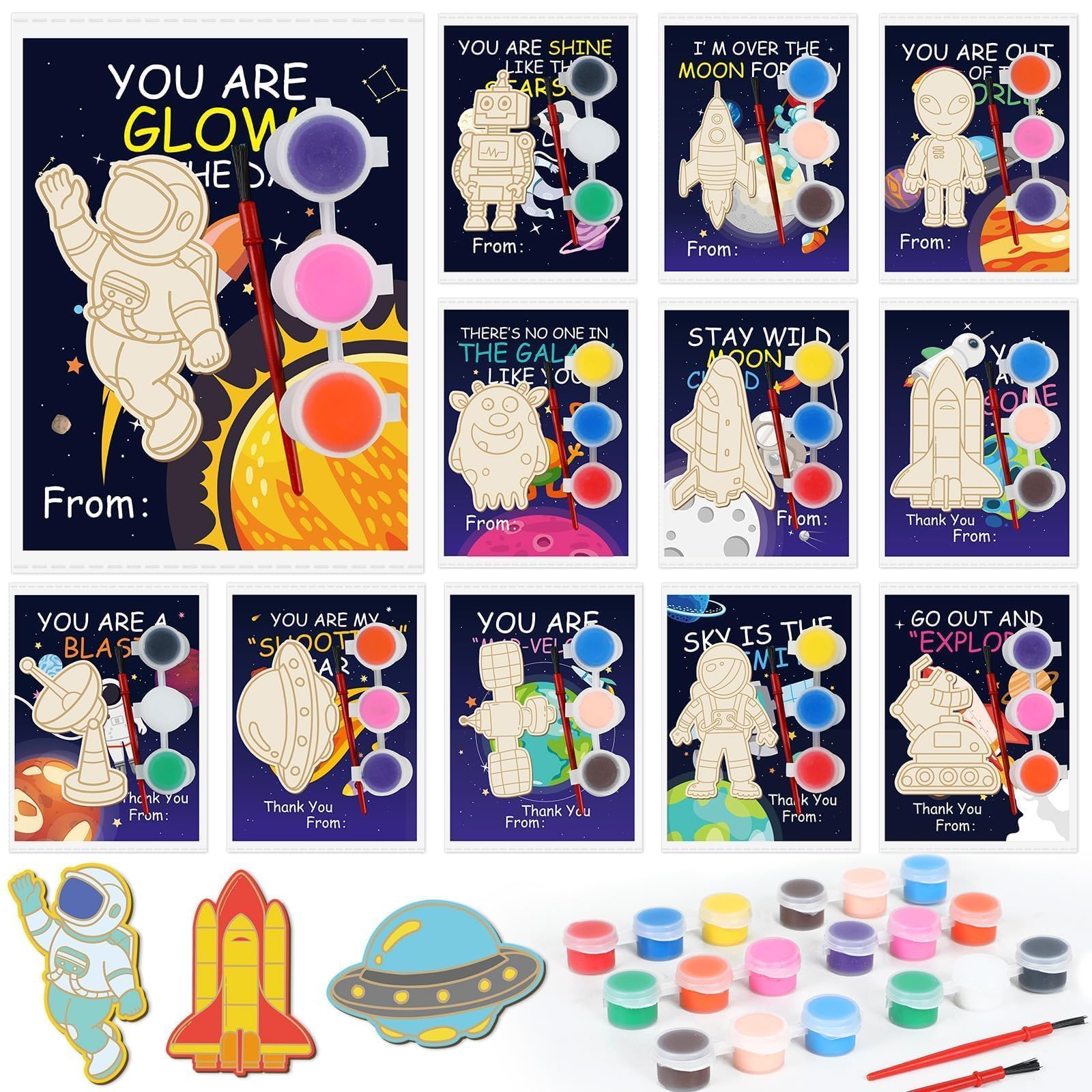 Justforjoyful 24Pcs Space Party Favors Space Cards with Art Supplies Outer Space DIY Wood Painting Craft Kits Astronaut Thank Yo