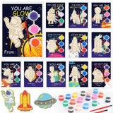 Justforjoyful 24Pcs Space Party Favors Space Cards with Art Supplies Outer Space DIY Wood Painting Craft Kits Astronaut Thank Yo